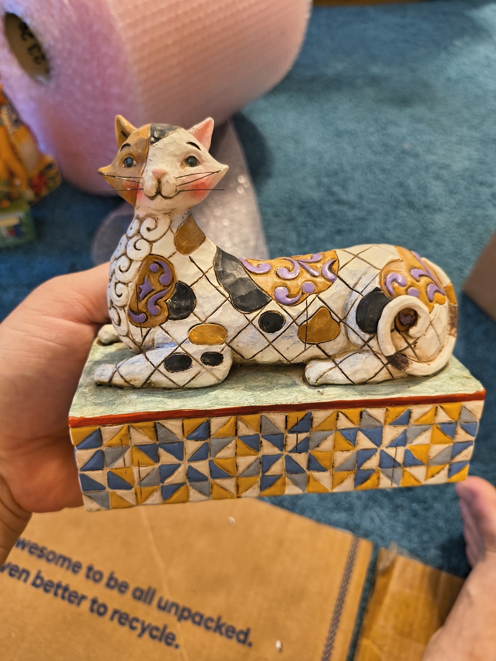 Jim Shore Hand-Painted Cat Figurine – White, Gold, Purple, Black